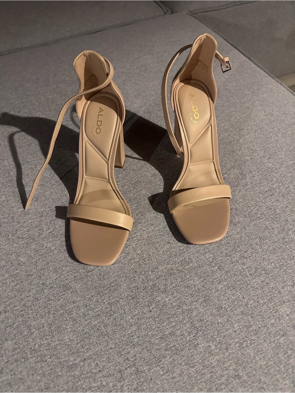 Aldo Beige Ankle-Strap Block Heel Sandals